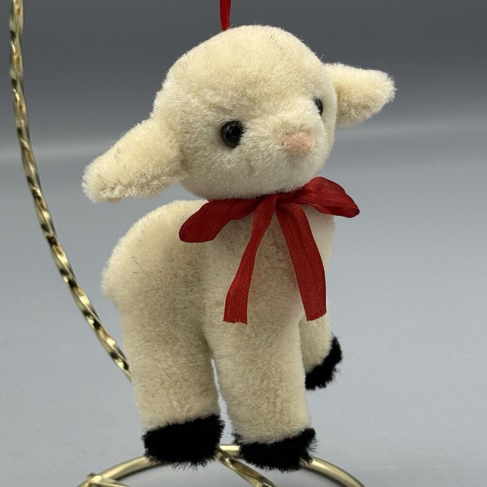 Vtg Philip Strahl Pelham NY Plush Lamb Christmas Ornament Red Satin Ribbons 4.5"